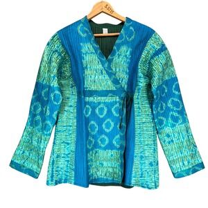 Sudha Women's Quilted Silk Wrap Blue Green Diamond Pattern Boho Jacket‎ Medium
